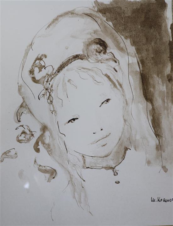 W. Kramer, ink and wash, study of a girl, 25 x 20cm
